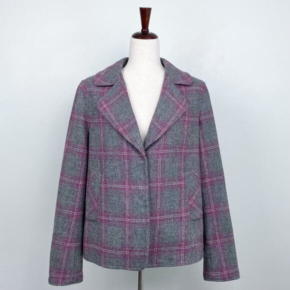 Talbots Wool Blend Grey Purple Plaid Snap Front Coat - Picture 1 of 10